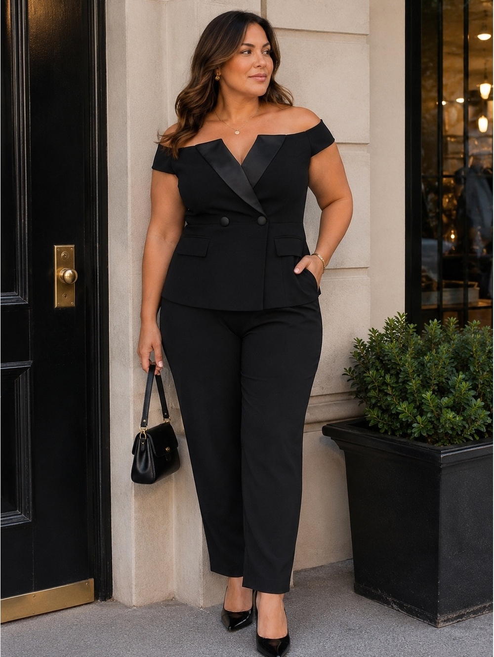 City Chic Sexy Off Shoulder Tux Jumpsuit Black Size 16 NWT
